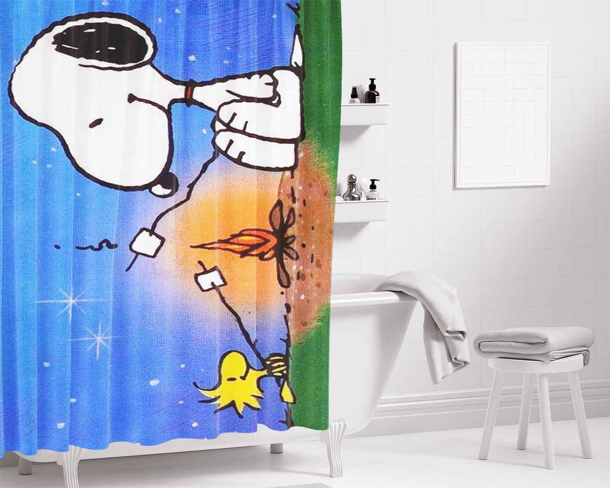 Snoopy Baseball Catch Bathroom Shower Curtain Fabric Waterproof | 66 X 72 Inch
