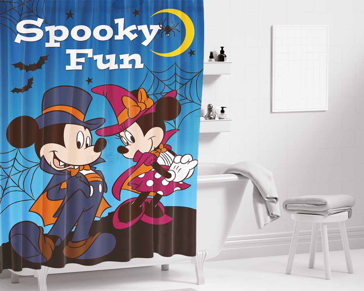 Spooky Fun Mickey & Minnie Bathroom Shower Curtain Fabric Waterproof | 66 X 72 Inch