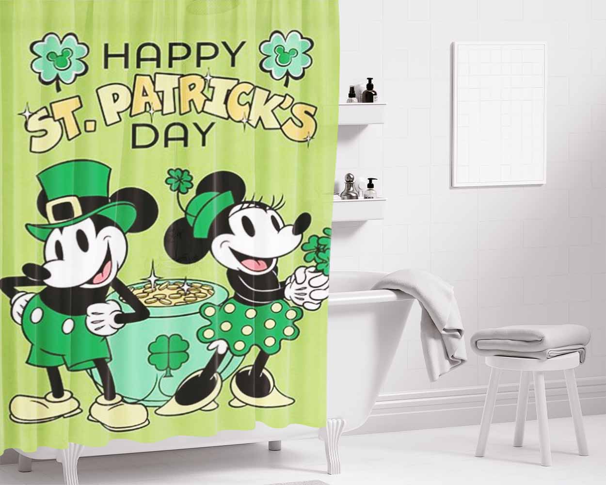 St. Patrick’S Day Gold Mickey And Minnie Bathroom Shower Curtain Fabric Waterproof | 66 X 72 Inch