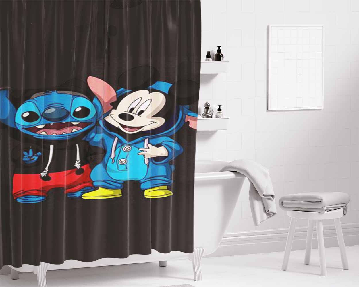 Stitch And Mickey Mouse Bathroom Shower Curtain Fabric Waterproof | 66 X 72 Inch