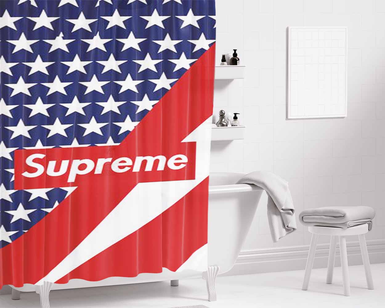 Supreme American Flag Bathroom Shower Curtain Fabric Waterproof | 66 X 72 Inch