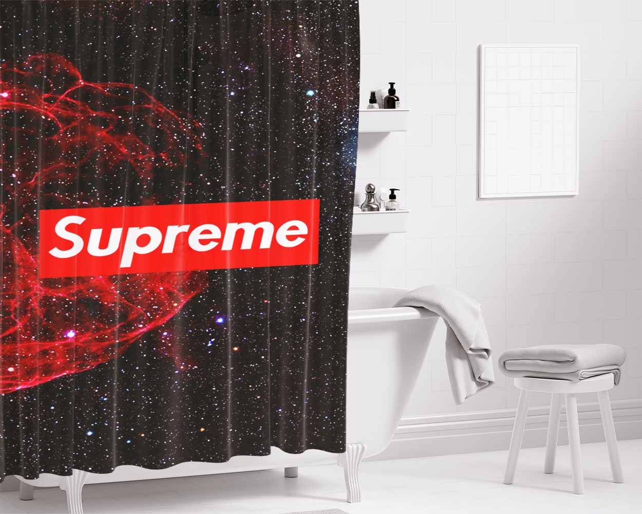 Supreme Black Red Of Galaxy Bathroom Shower Curtain Fabric Waterproof | 66 X 72 Inch