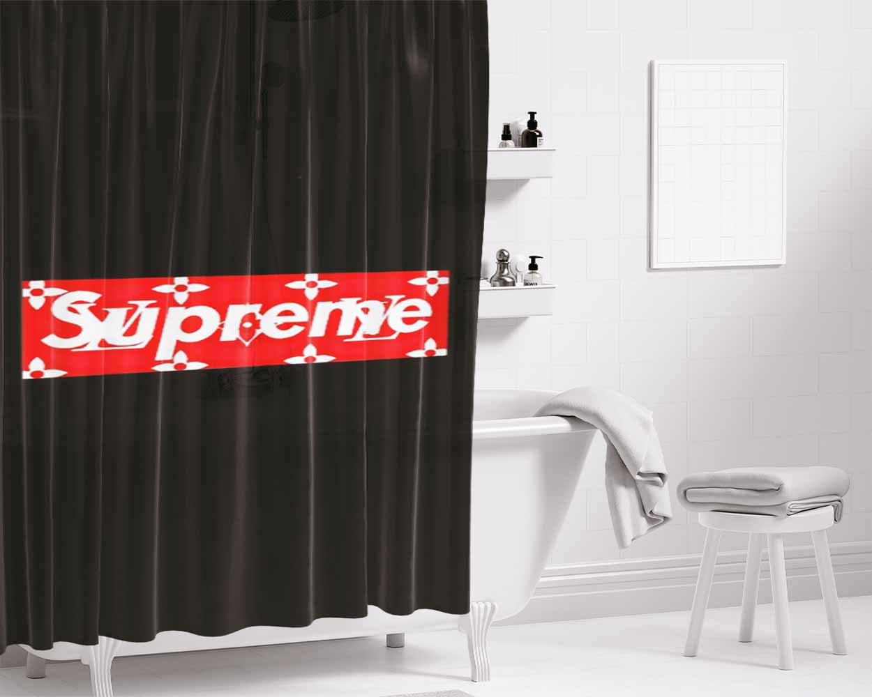 Supreme Box Louis Vuitton Logo Bathroom Shower Curtain Fabric Waterproof | 66 X 72 Inch