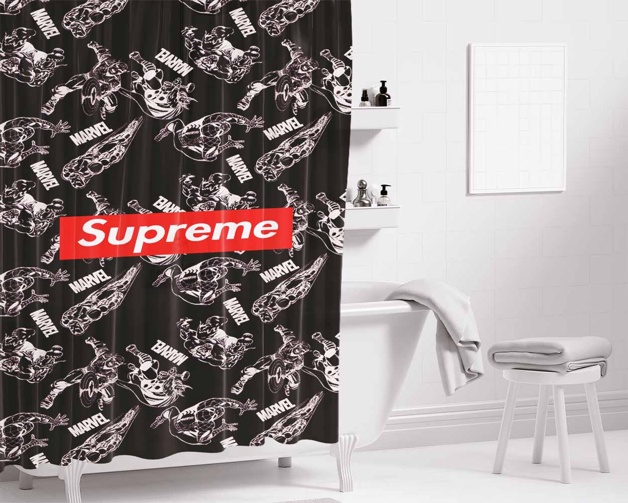 Supreme Bw Marvel Superheroes Bathroom Shower Curtain Fabric Waterproof | 66 X 72 Inch