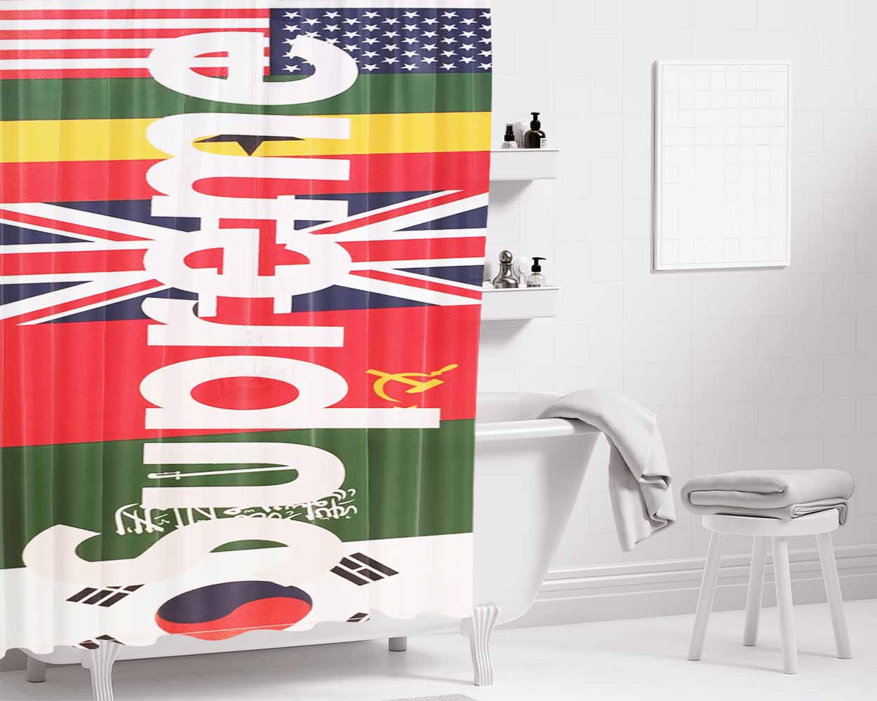Supreme Flags Box Logo Sticker Bathroom Shower Curtain Fabric Waterproof | 66 X 72 Inch