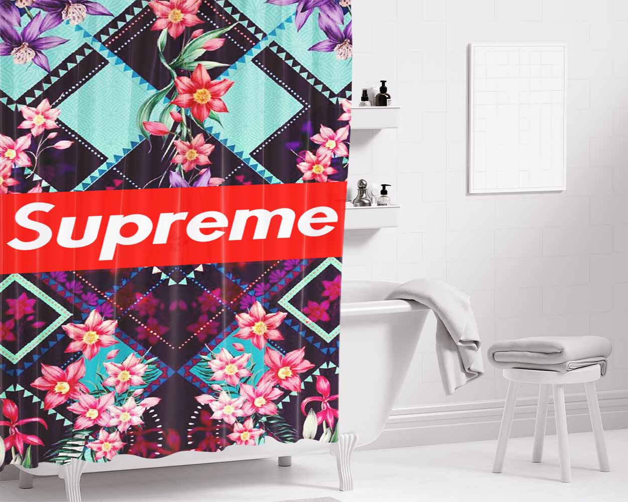 Supreme Flower Art Bathroom Shower Curtain Fabric Waterproof | 66 X 72 Inch
