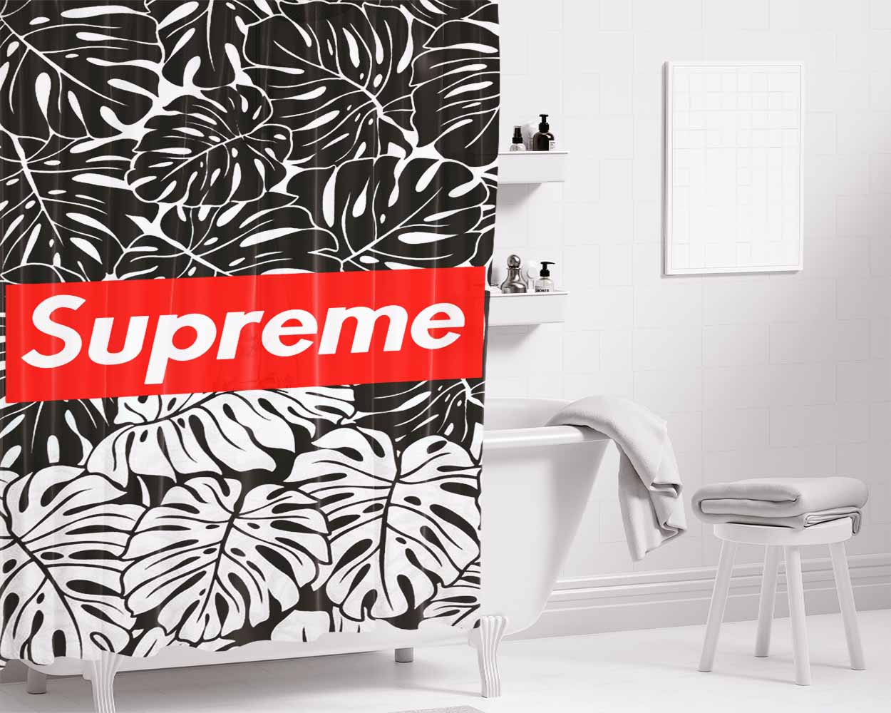 Supreme Leaf Monochrome Bathroom Shower Curtain Fabric Waterproof | 66 X 72 Inch