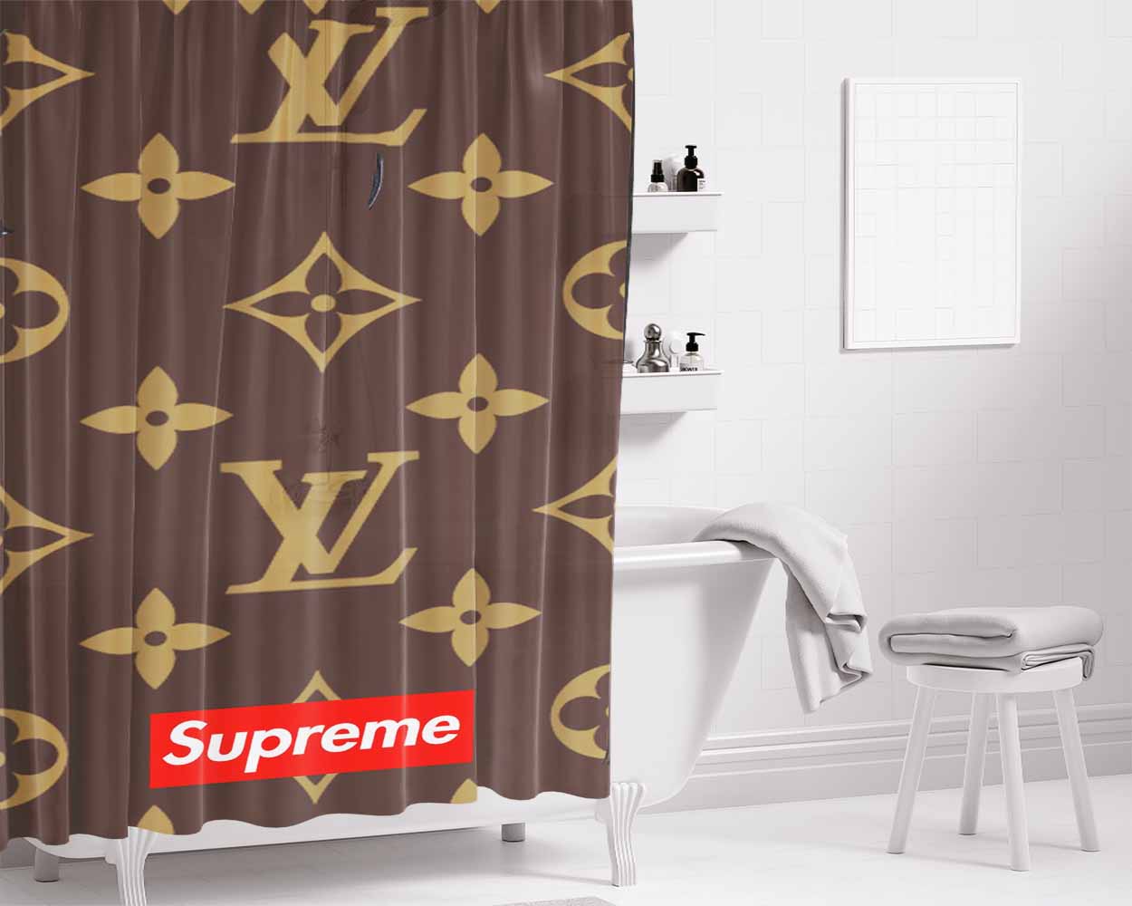 Supreme Louis Vuitton Logo Bathroom Shower Curtain Fabric Waterproof | 66 X 72 Inch