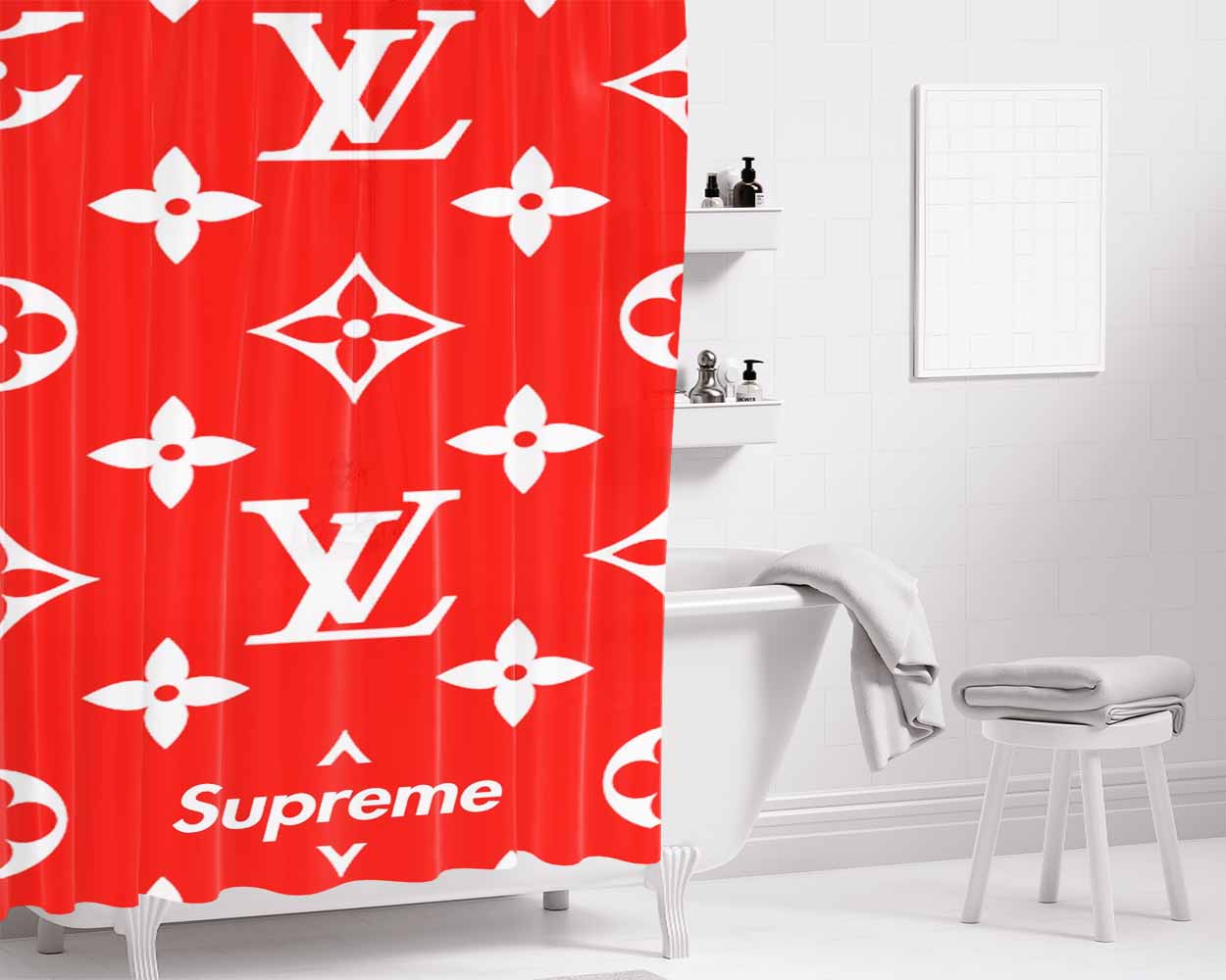 Supreme Louis Vuitton Red Bathroom Shower Curtain Fabric Waterproof | 66 X 72 Inch