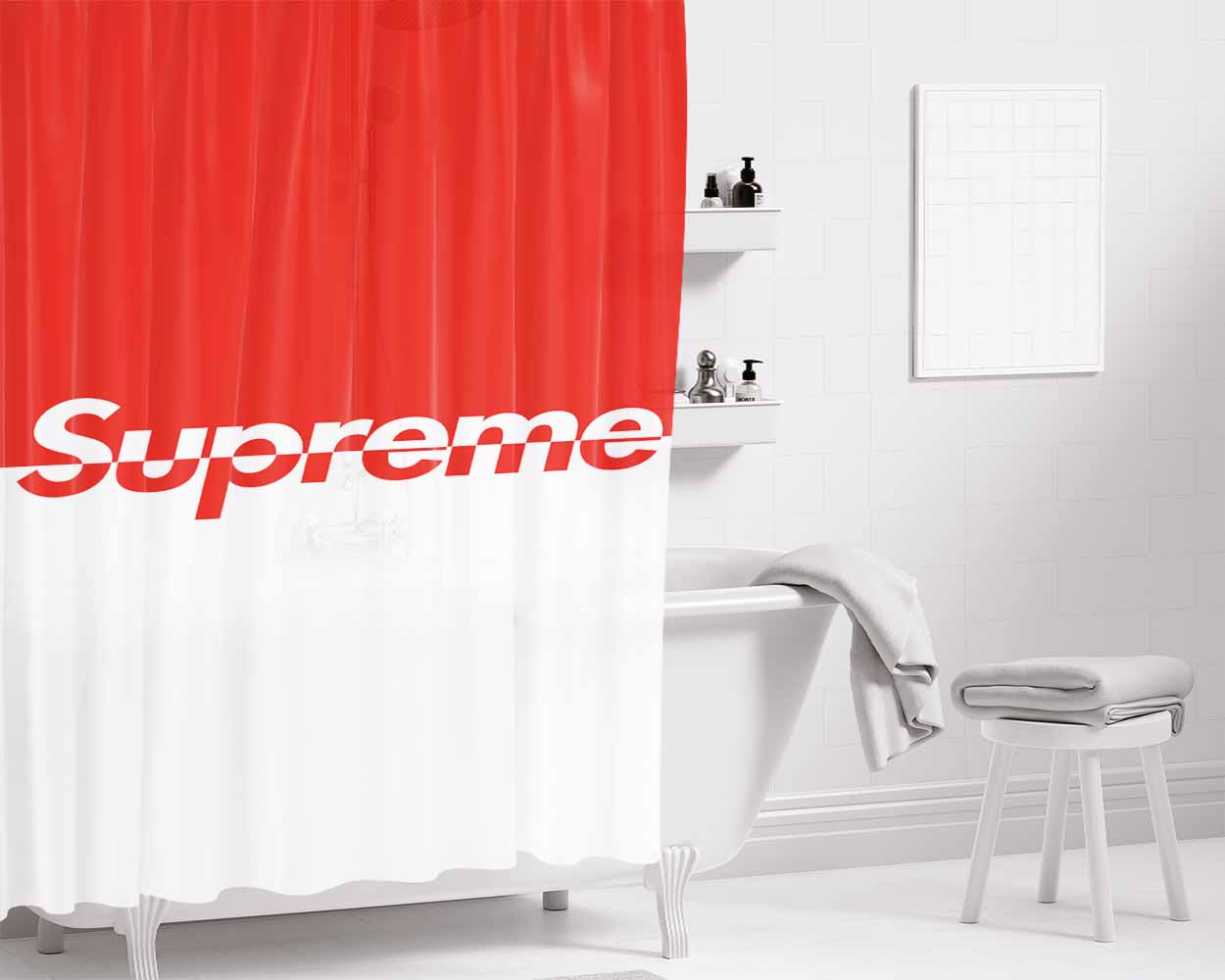 Supreme Red White Bathroom Shower Curtain Fabric Waterproof | 66 X 72 Inch