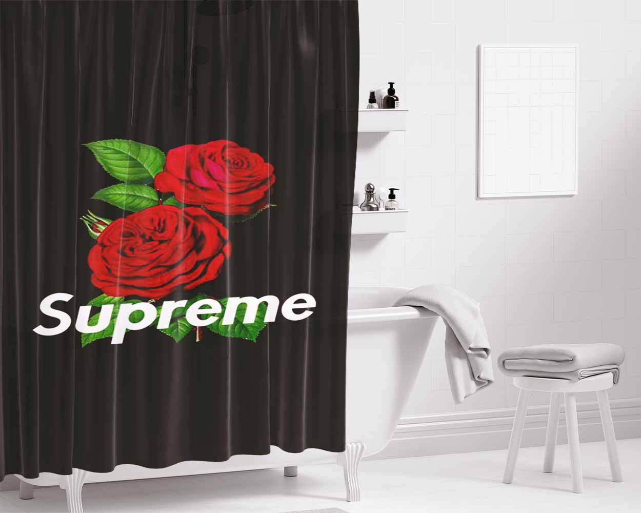 Supreme Rose Back Black Bathroom Shower Curtain Fabric Waterproof | 66 X 72 Inch