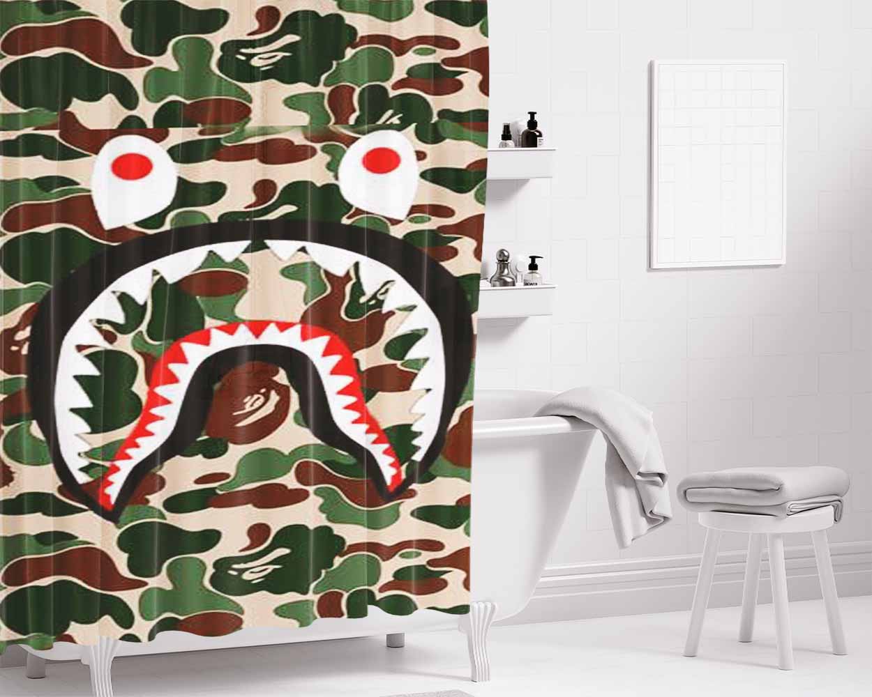 Supreme Shark Green Bathroom Shower Curtain Fabric Waterproof | 66 X 72 Inch