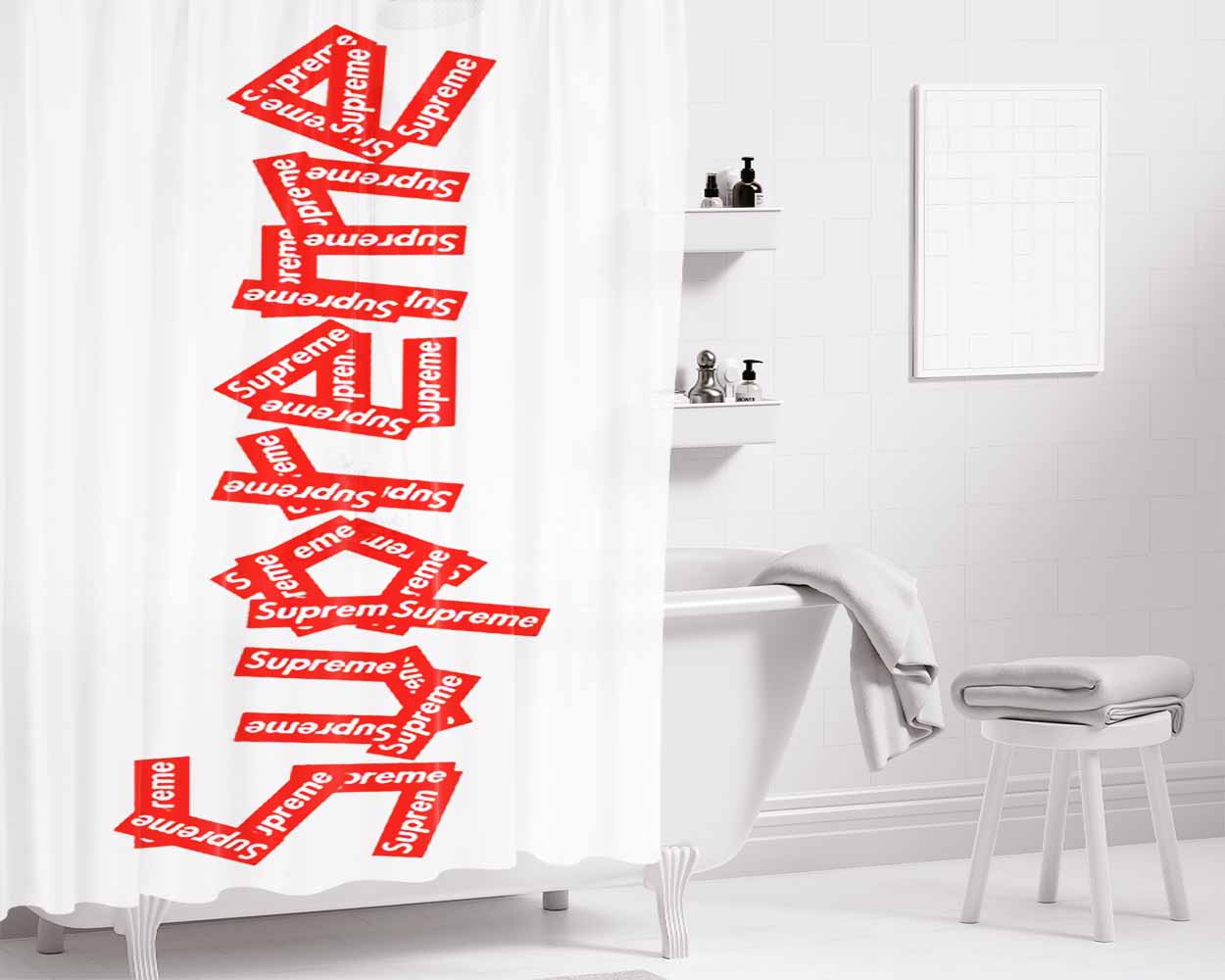 Supreme Sticker Art Bathroom Shower Curtain Fabric Waterproof | 66 X 72 Inch