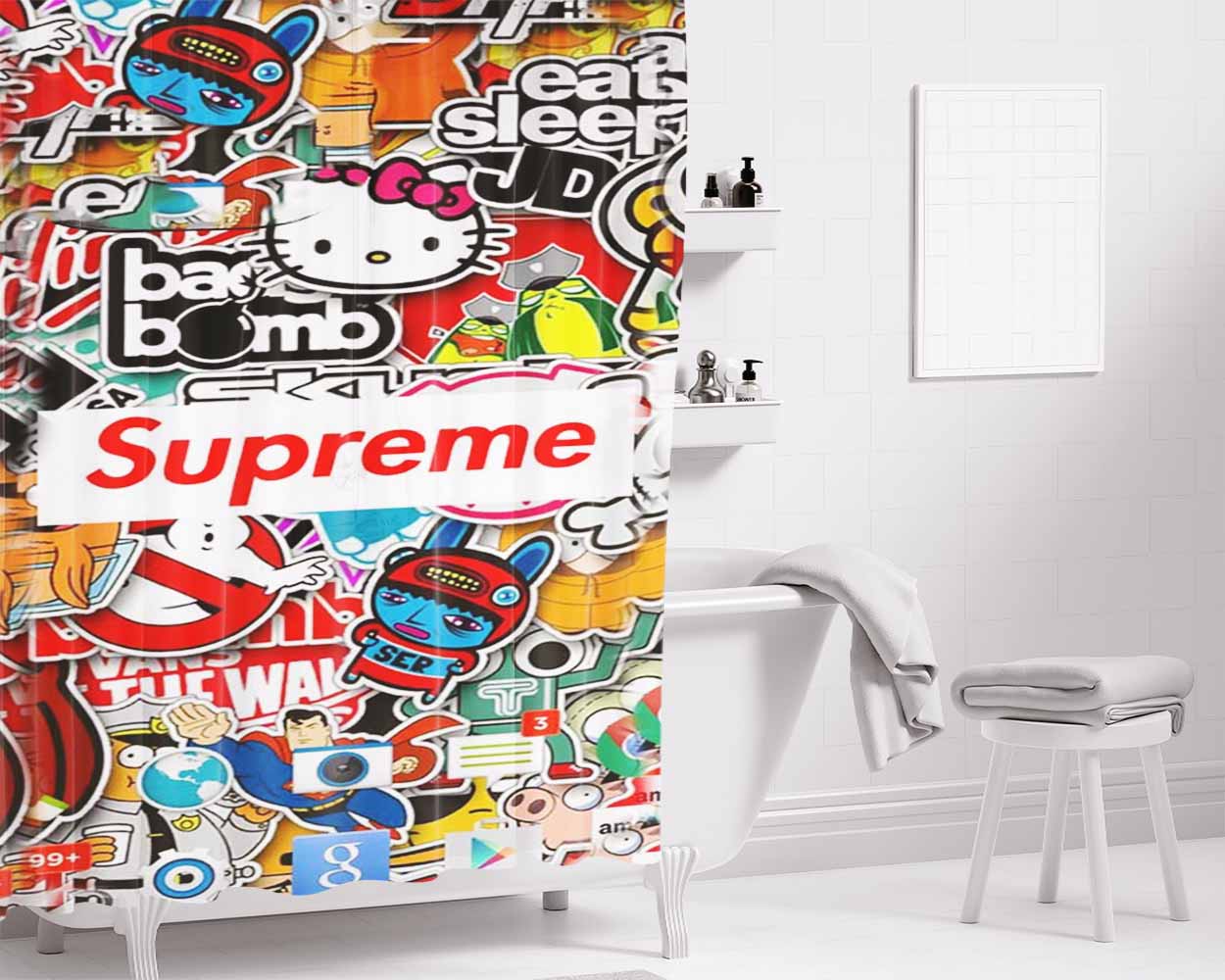 Supreme Sticker Bomb Bathroom Shower Curtain Fabric Waterproof | 66 X 72 Inch