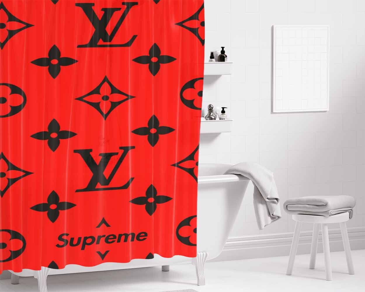 Supreme X Louis Vuitton Black Bathroom Shower Curtain Fabric Waterproof | 66 X 72 Inch