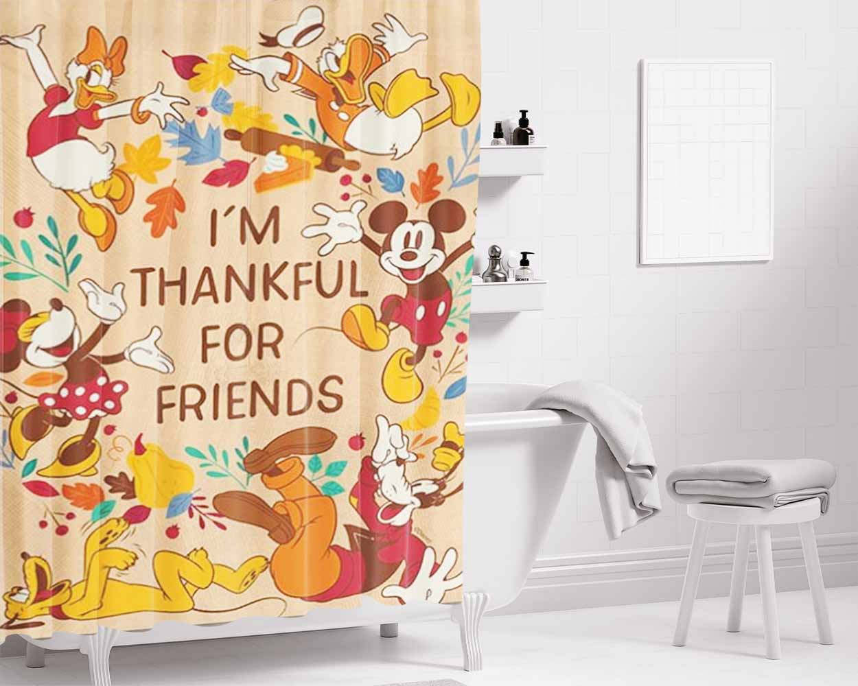 Thankful For Friends Mickey And The Gang Bathroom Shower Curtain Fabric Waterproof | 66 X 72 Inch
