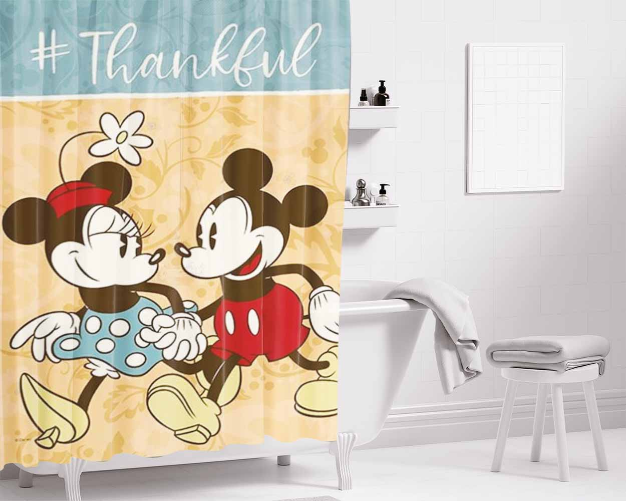 Thankful Mickey & Minnie Bathroom Shower Curtain Fabric Waterproof | 66 X 72 Inch