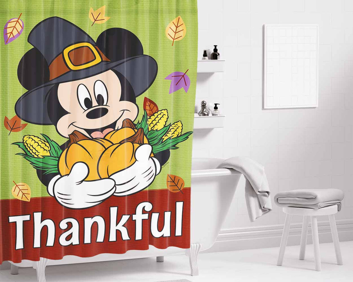Thankful Mickey Mouse Bathroom Shower Curtain Fabric Waterproof | 66 X 72 Inch