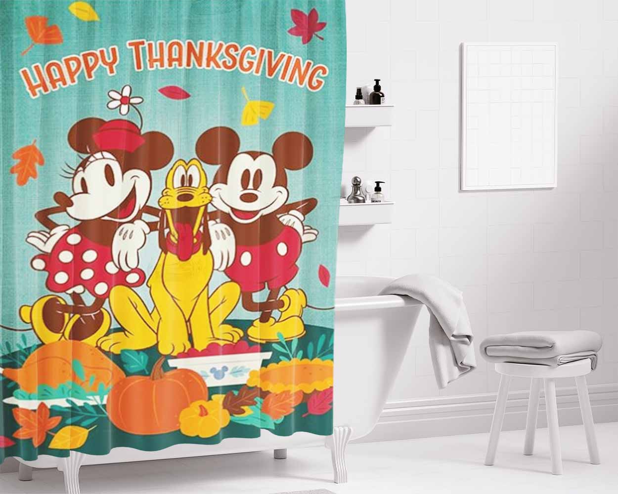 Thanksgiving Feast Mickey And Minnie Bathroom Shower Curtain Fabric Waterproof | 66 X 72 Inch
