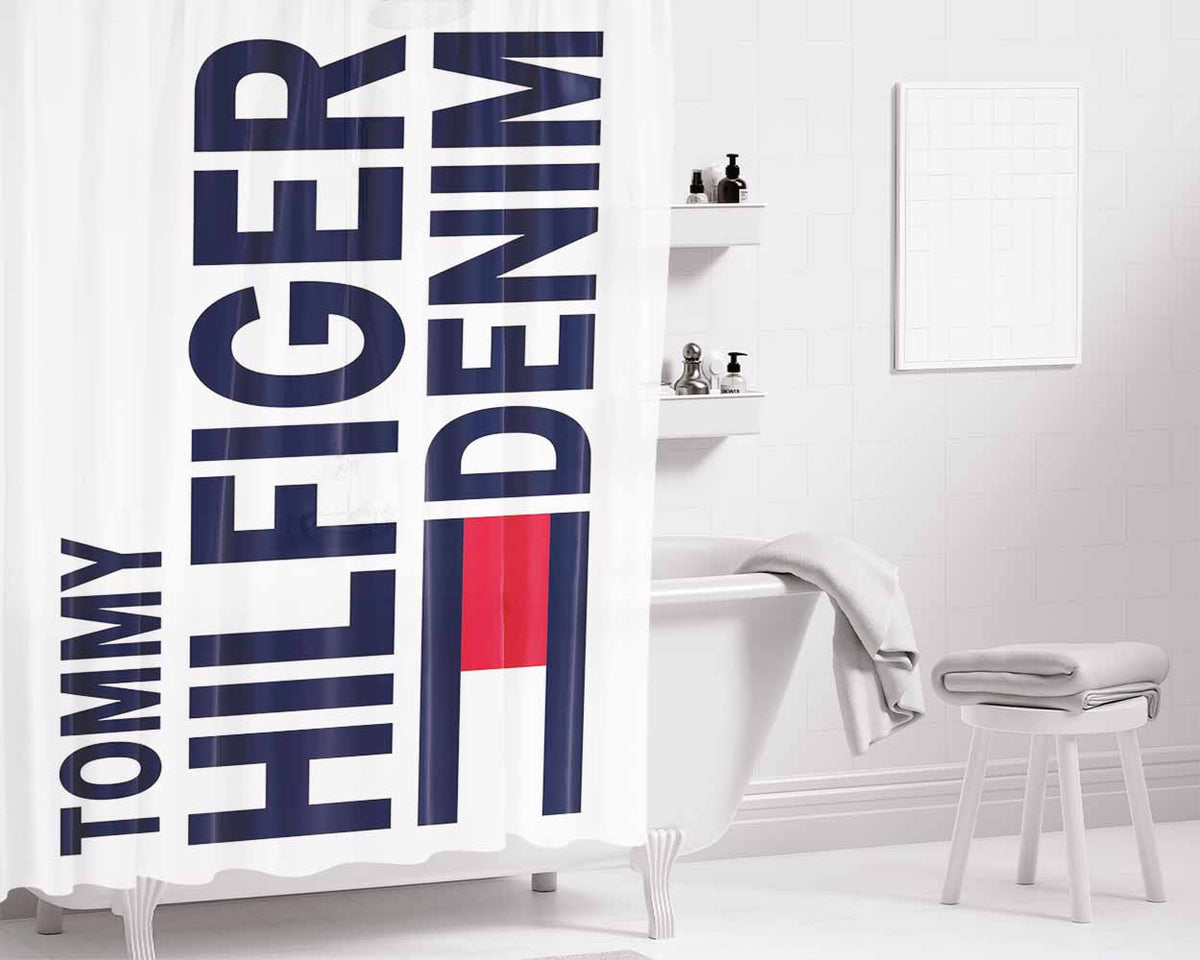 Tommy Hilfiger Denim Logo Bathroom Shower Curtain Fabric Waterproof | 66 X 72 Inch