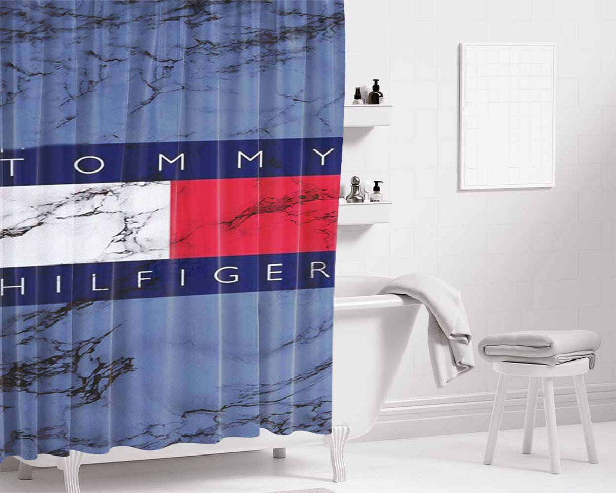 Tommy Hilfiger Marble Logo Bathroom Shower Curtain Fabric Waterproof | 66 X 72 Inch