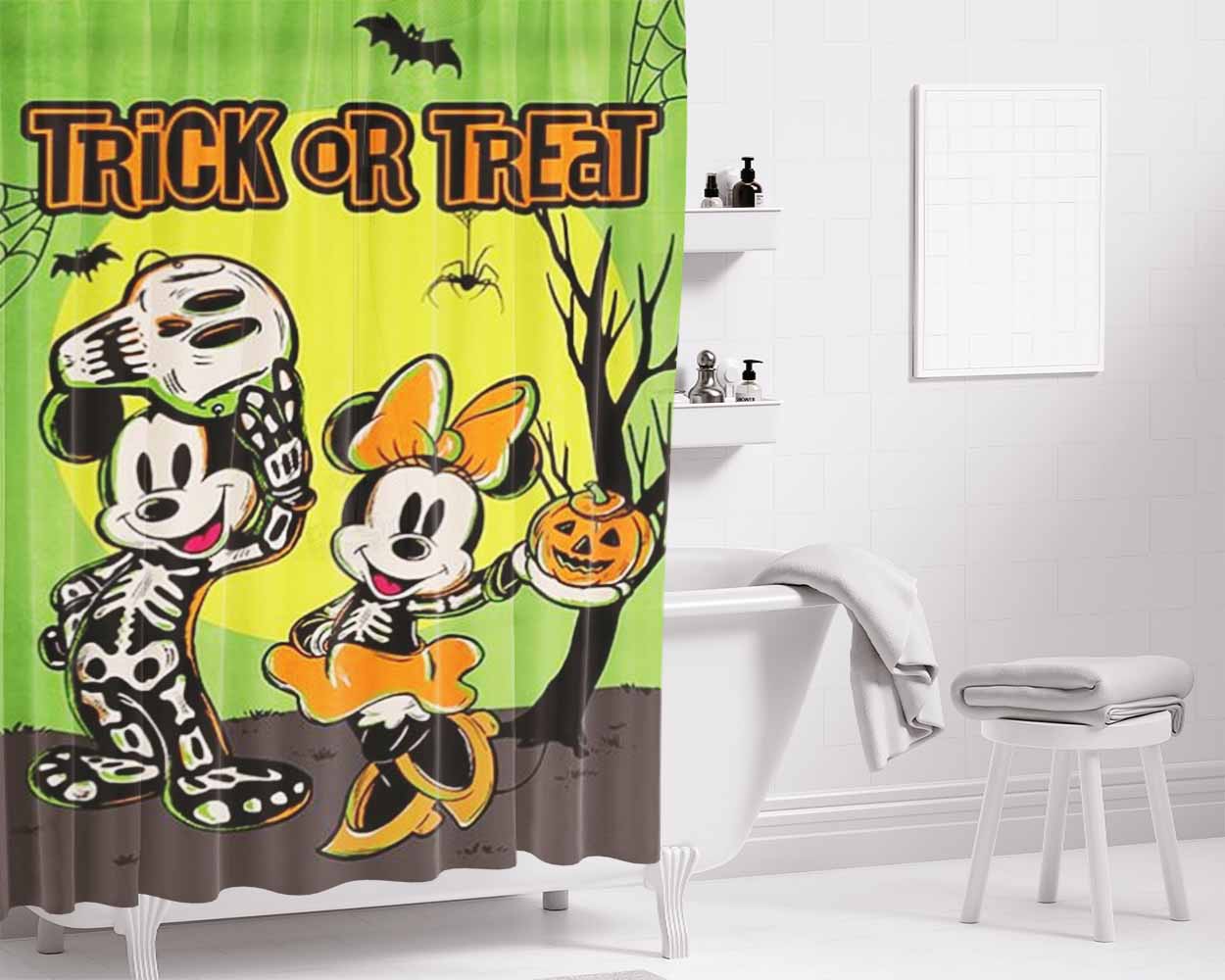 Trick Or Treat Mickey And Minnie Mouse Bathroom Shower Curtain Fabric Waterproof | 66 X 72 Inch