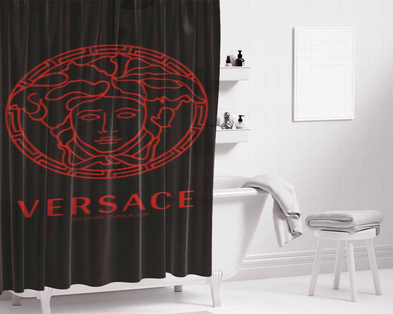 Versace Red Pattern Bathroom Shower Curtain Fabric Waterproof | 66 X 72 Inch