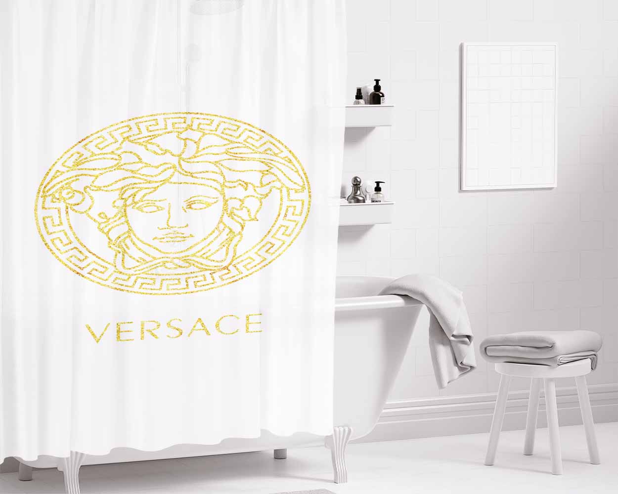 Versace White Gold Bathroom Shower Curtain Fabric Waterproof | 66 X 72 Inch