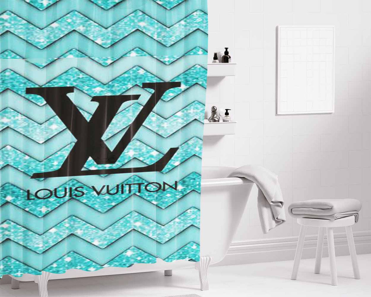Louis Vuitton Sky Blue Chevron Bathroom Shower Curtain Fabric Waterproof | 66 X 72 Inch