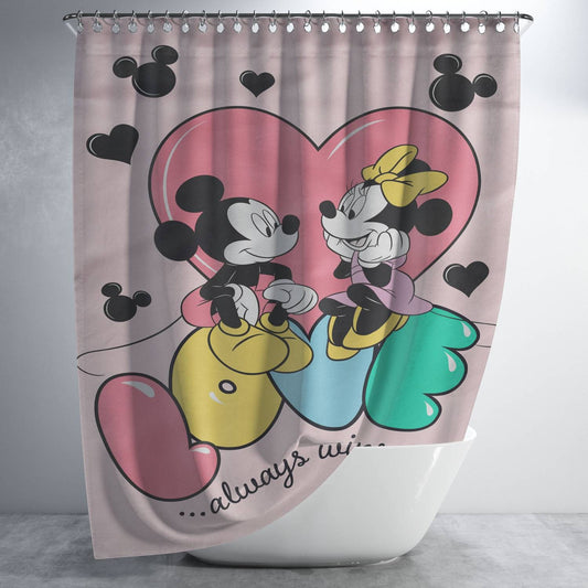 Personalized Disney Love Always Wins Mickey & Minnie Shower Curtain Farmhouse Bathroom Decor