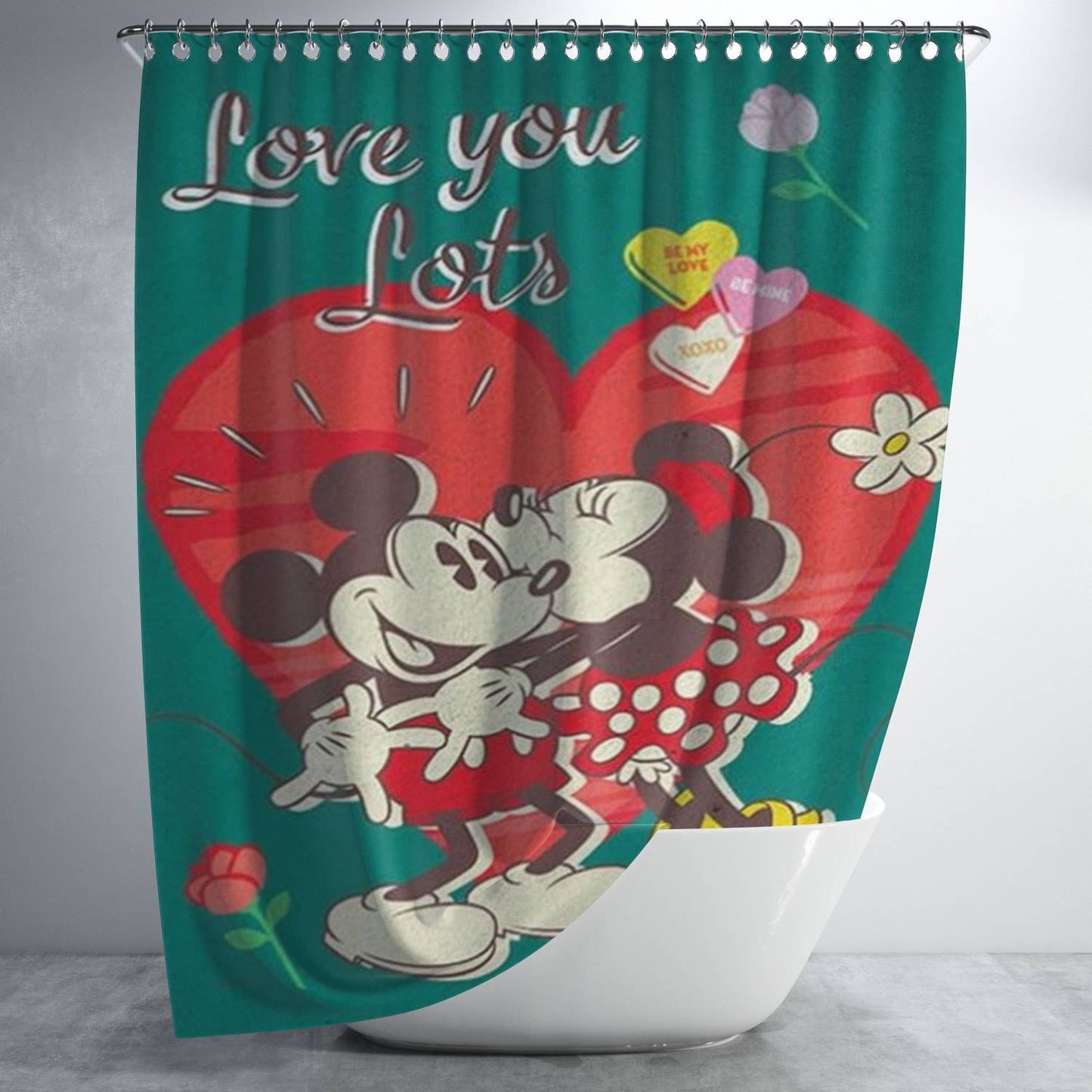 Love You Lots Mickey & Minnie Bathroom Shower Curtain Fabric Waterproof | 66 X 72 Inch
