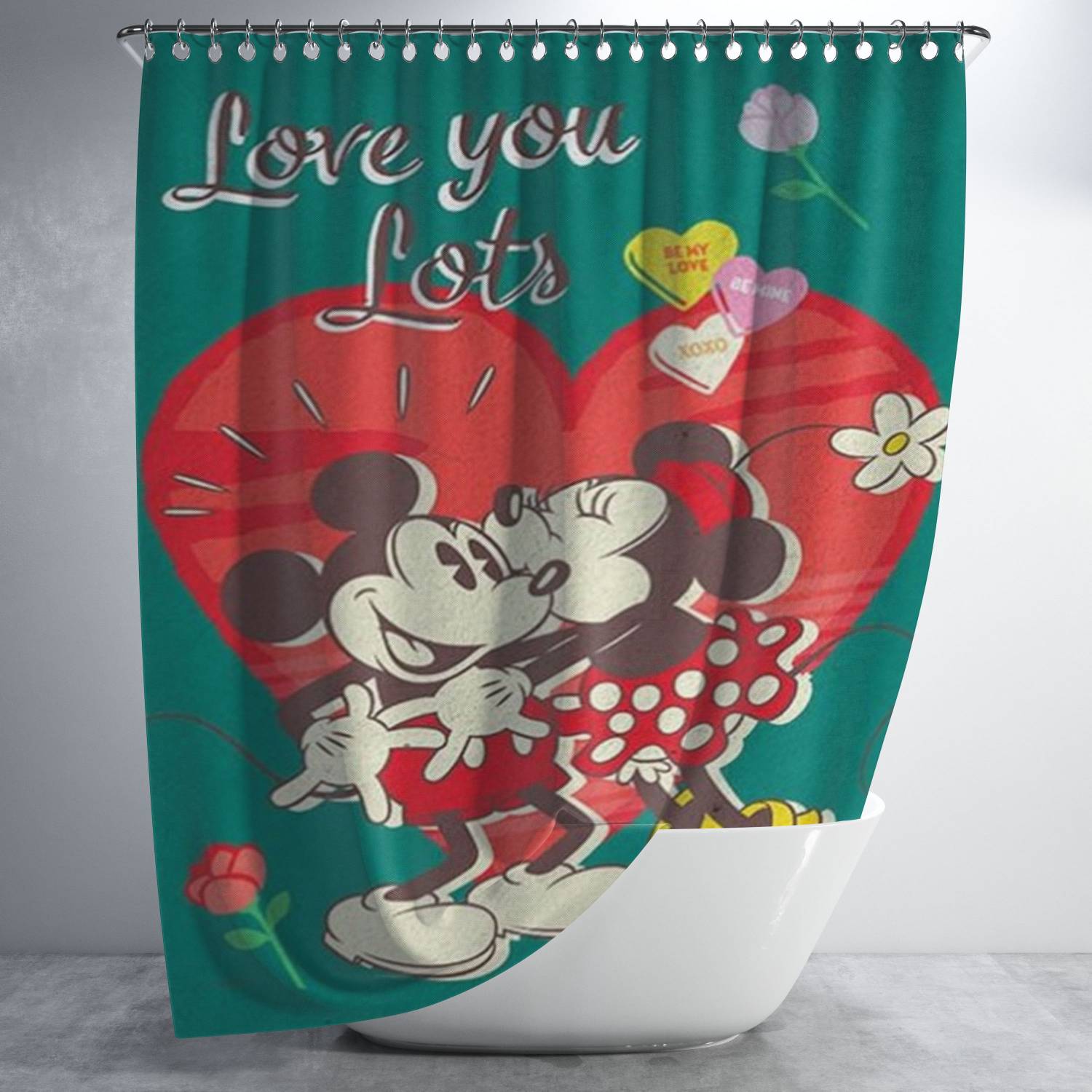 Love You Lots Mickey & Minnie Bathroom Shower Curtain Fabric Waterproof | 66 X 72 Inch