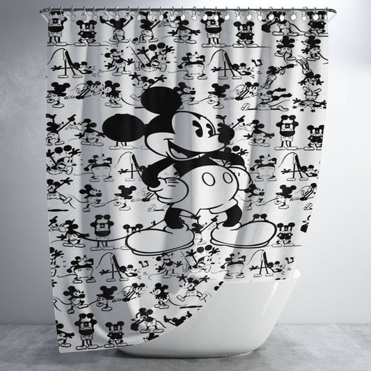 Personalized Mickey Mouse Black White Cartoon Collage Shower Curtain Farmhouse Bathroom Decor