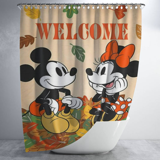 Personalized Welcome Fall Leaf Pile Mickey And Minnie Shower Curtain Farmhouse Bathroom Decor