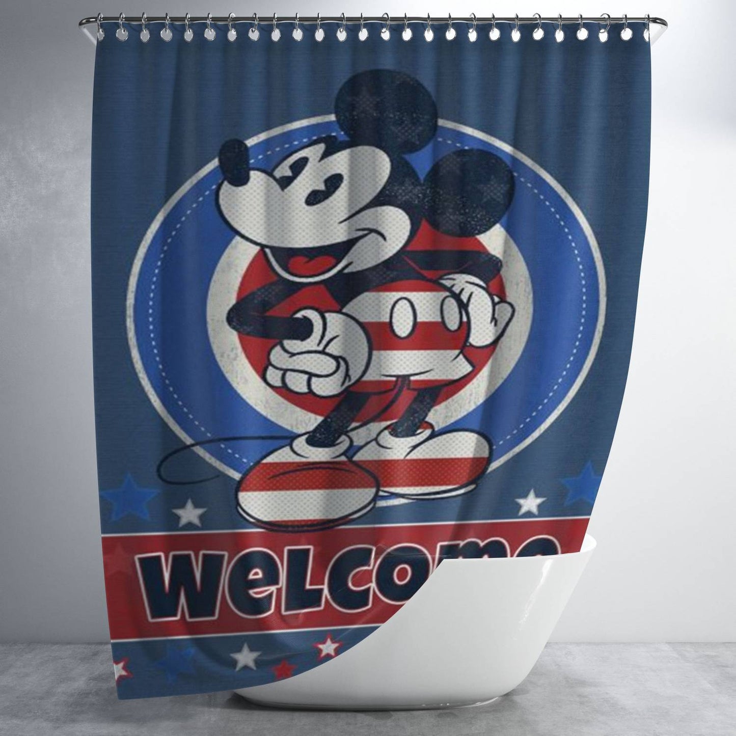 Welcome Red White And Blue Mickey Stars Bathroom Shower Curtain Fabric Waterproof | 66 X 72 Inch
