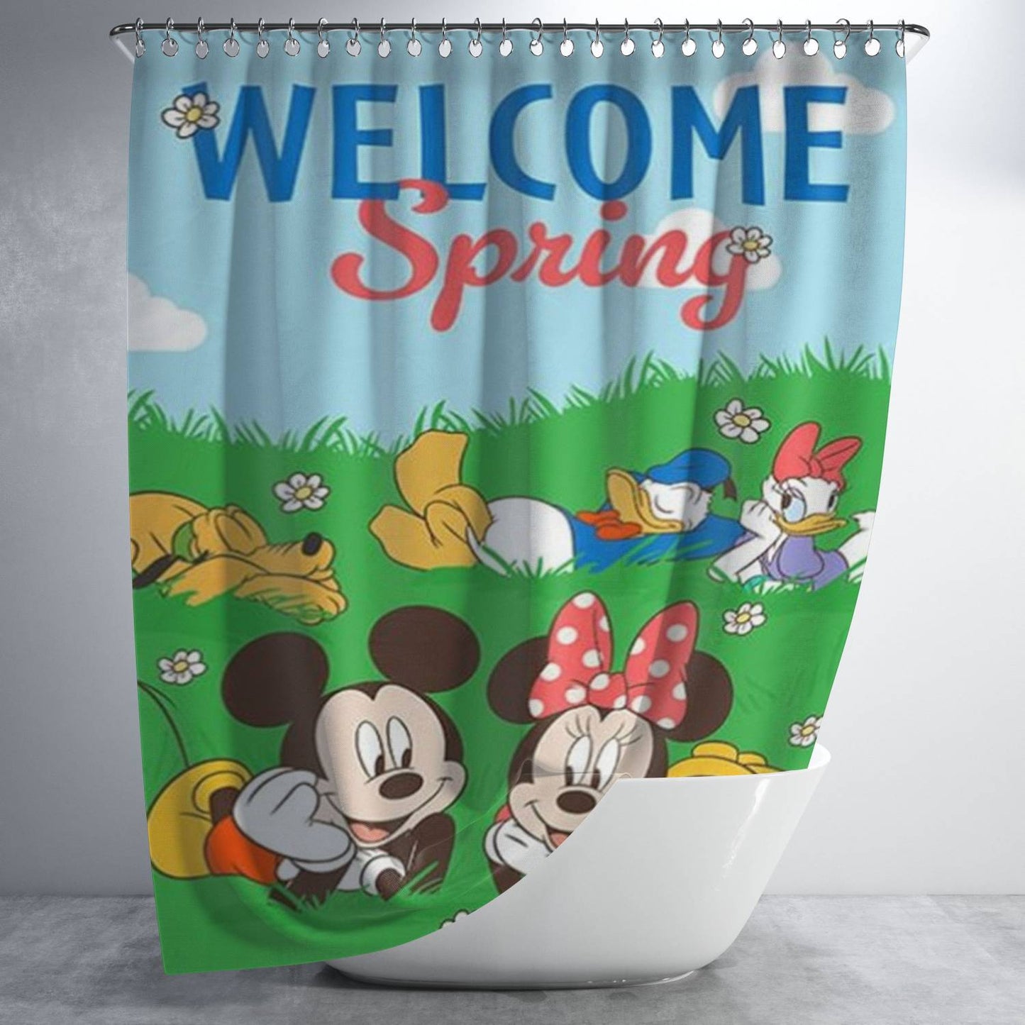 Welcome Spring Mickey And Gang Bathroom Shower Curtain Fabric Waterproof | 66 X 72 Inch