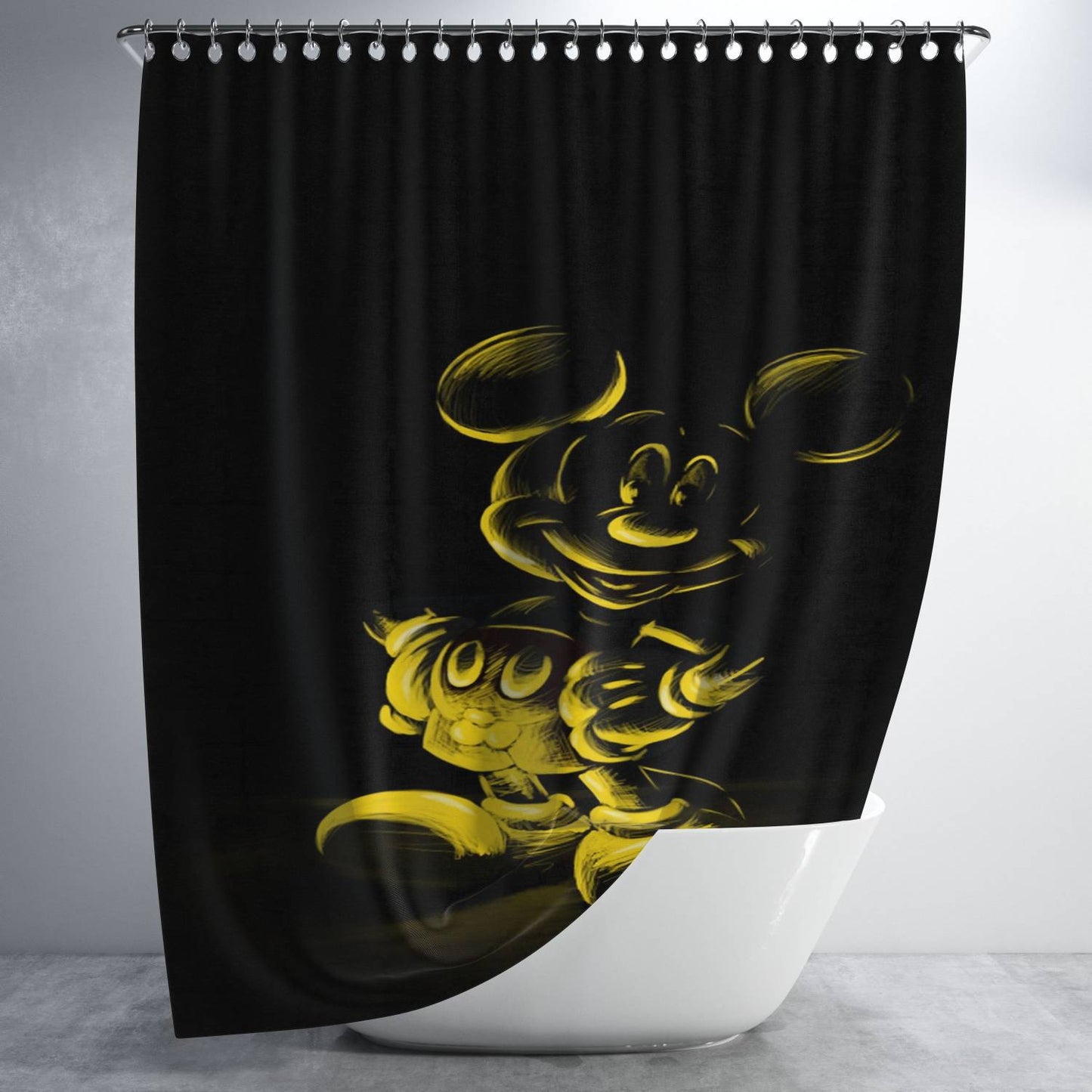 Yellow Mickey Mouse On Black Sketch Bathroom Shower Curtain Fabric Waterproof | 66 X 72 Inch