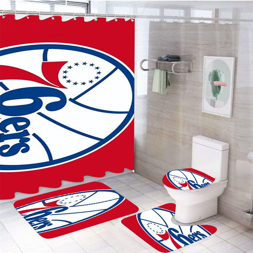 76Ers Blu White Red 4Pcs Bathroom Set Shower Curtain