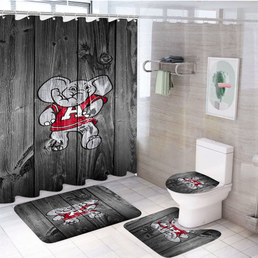 Alabama Crimson Tide Elephant Logo Dark Wood Wallpaper 4Pcs Bathroom Set Shower Curtain