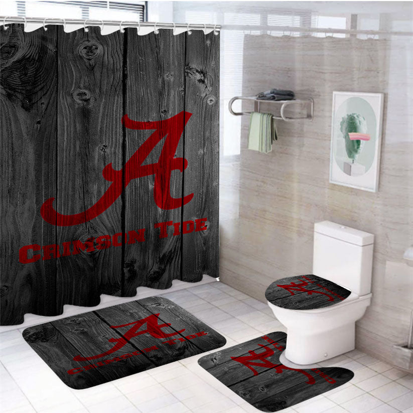 Alabama Crimson Tide Nfl Logo Dark Wood Wallpaper 4Pcs Bathroom Set Shower Curtain