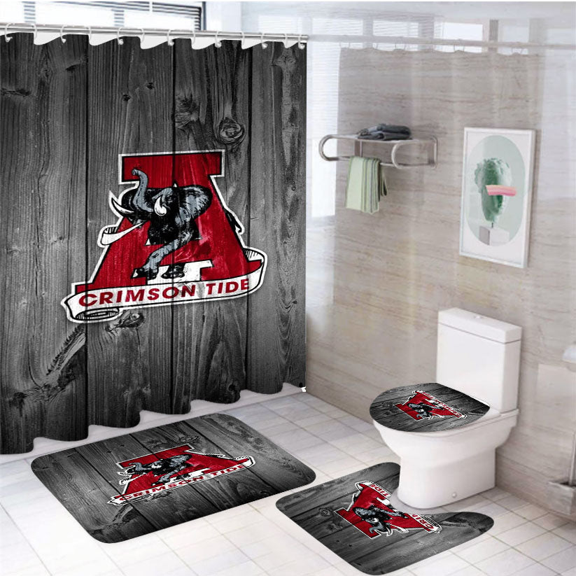Alabama Crimson Tide University Elephant Logo Dark Wood Wallpaper 4Pcs Bathroom Set Shower Curtain