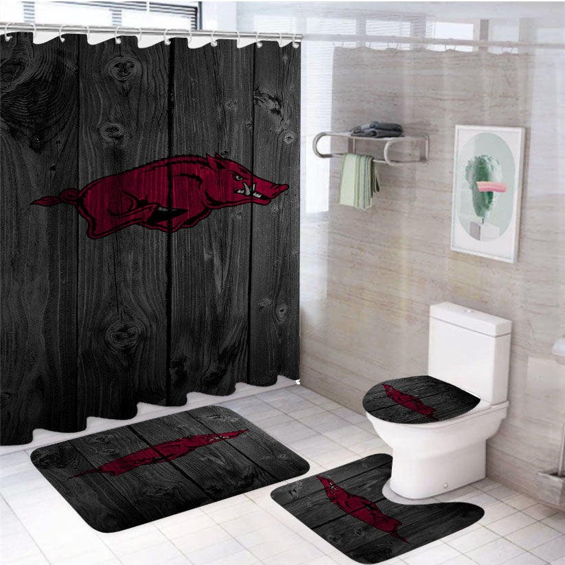 Arkansas Razorbacks Hogs Logo Dark Wood Wallpaper 4Pcs Bathroom Set Shower Curtain