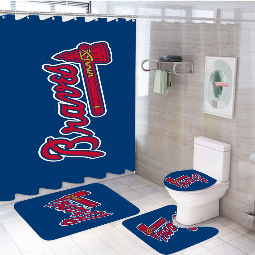 Atlanta Braves Red Blue Logo 4Pcs Bathroom Set Shower Curtain