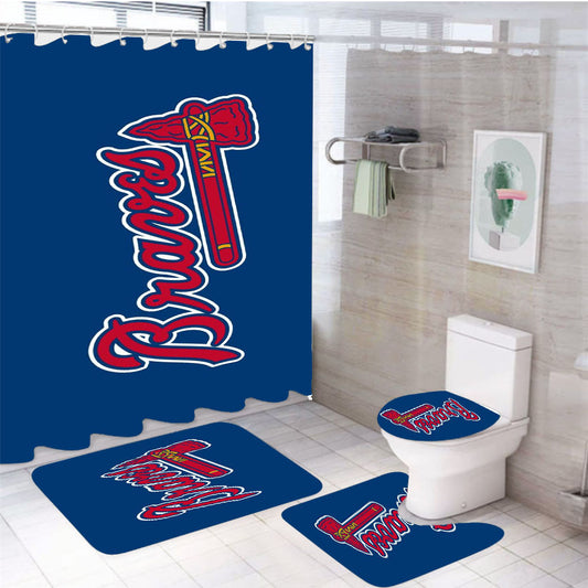 Atlanta Braves Red Blue Logo 4Pcs Bathroom Set Shower Curtain