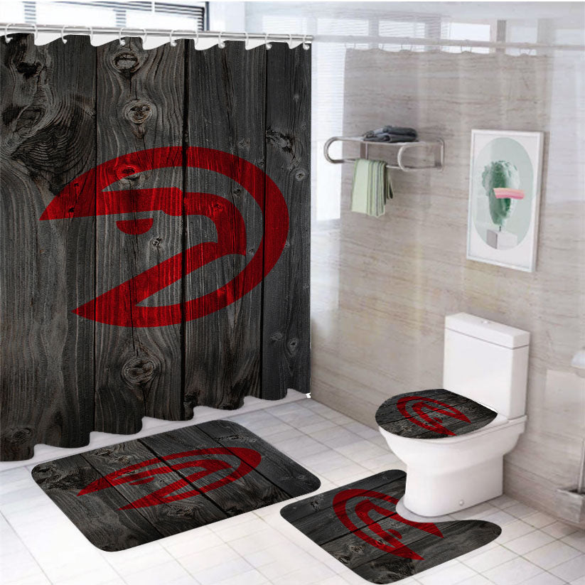 Atlanta Hawks Nba Logo Dark Wood Wallpaper 4Pcs Bathroom Set Shower Curtain