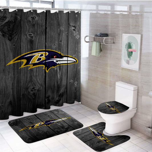 Baltimore Ravens Nfl Logo Dark Wood Wallpaper 4Pcs Bathroom Set Shower Curtain