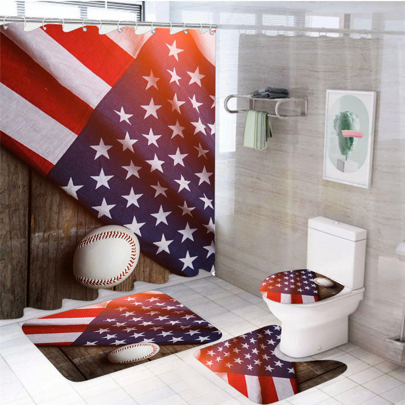 Baseball Ball And Flag 4Pcs Bathroom Set Shower Curtain