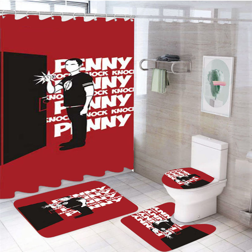 Big Bang Theory Knock Red 4Pcs Bathroom Set Shower Curtain