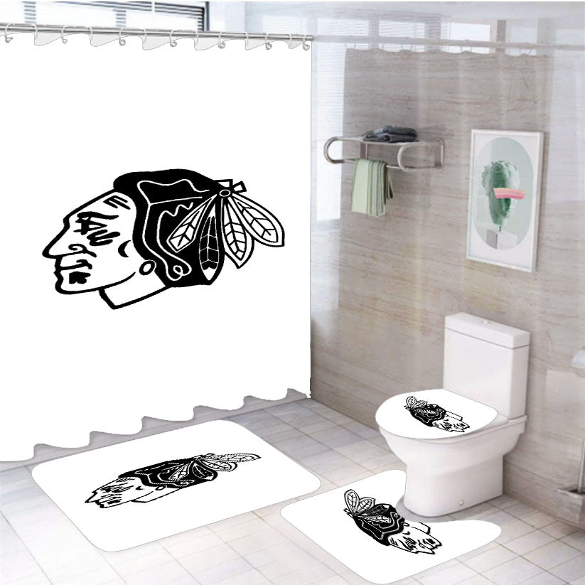 Black White Chicago Blackhawks Logo 4Pcs Bathroom Set Shower Curtain