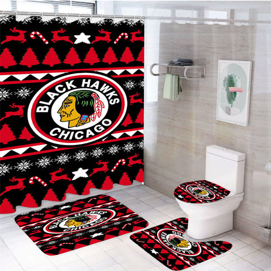 Blackhawks Chicago Christmas Winter Sweater 4Pcs Bathroom Set Shower Curtain